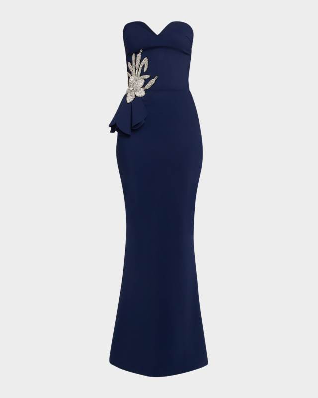 Strapless Flower-Embellished Mermaid Gown